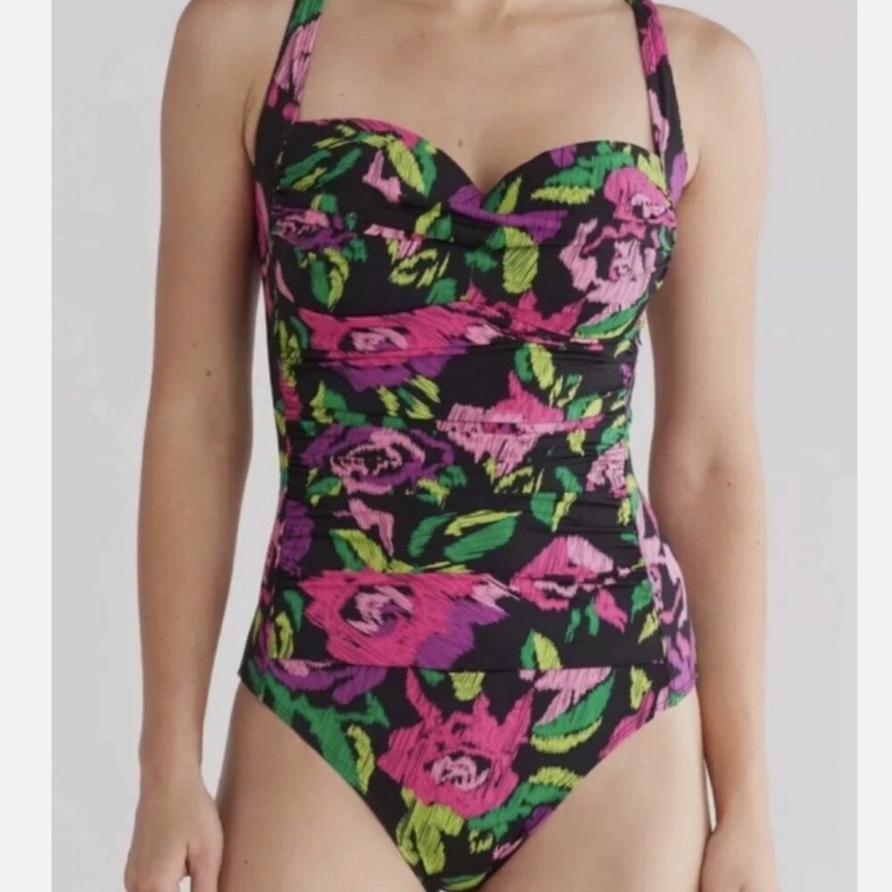 Betsey Johnson Bandeau One Piece Swimsuit Size L Pink Purple Rose on Black NWT